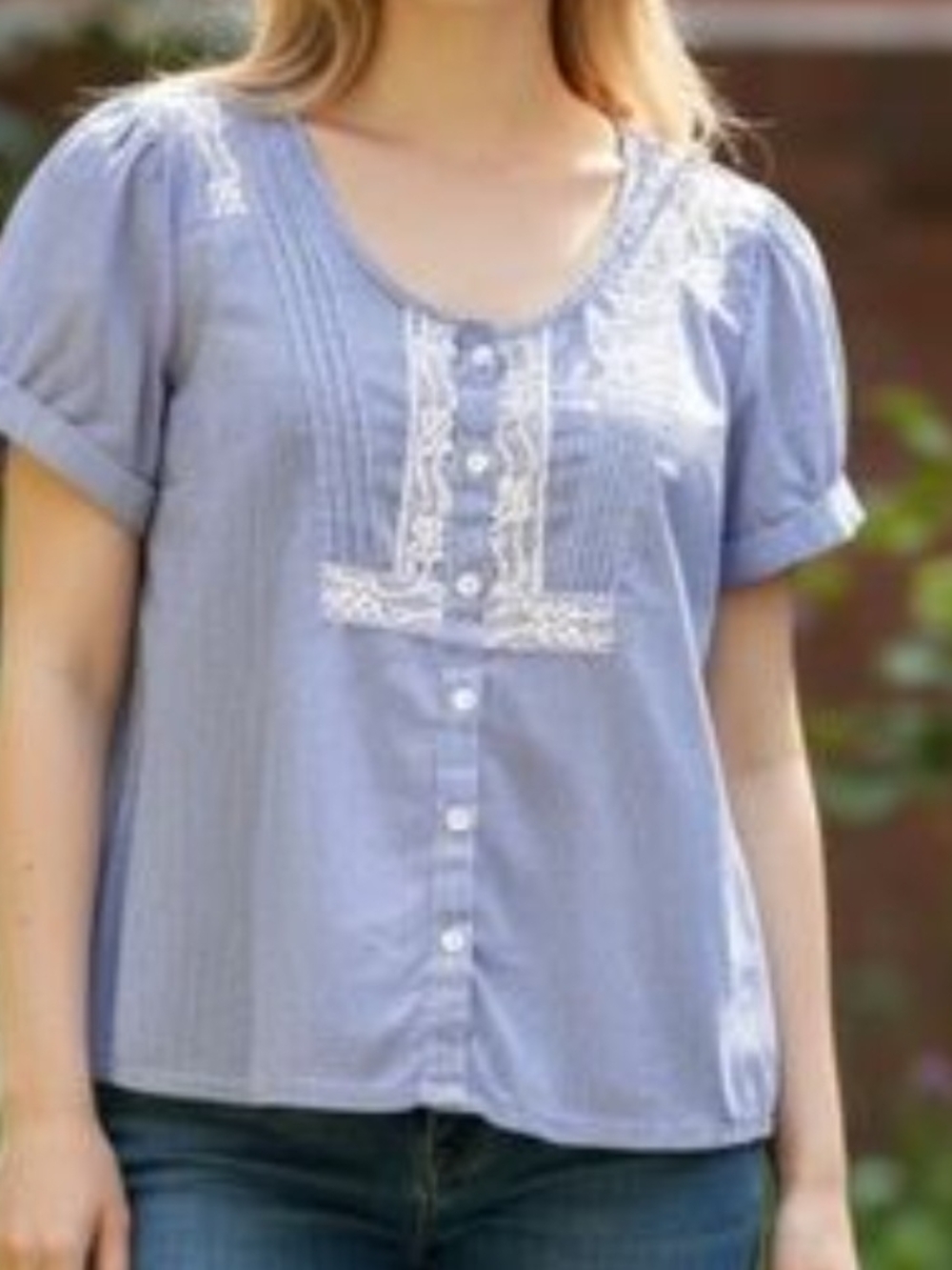 American Eagle Outfitters Light Blue Lace-Trim Button Front Blouse